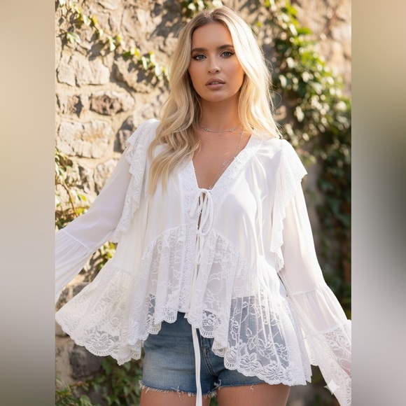 Tops - Elegant White Lace Trim Blouse